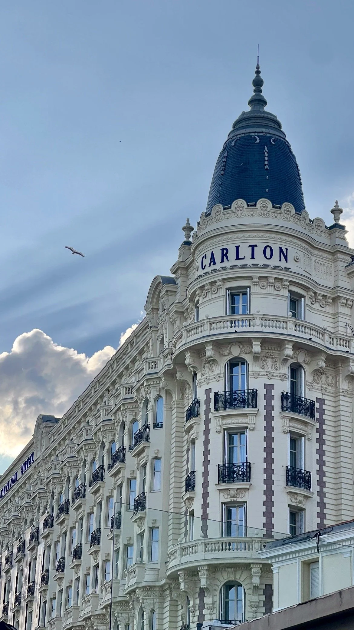A large, ornate white building with multiple floors, balconies, and decorative architectural details. The building has a blue dome at the top with the name Carlton on it. The sky in the background is partly cloudy with a seagull flying nearby.