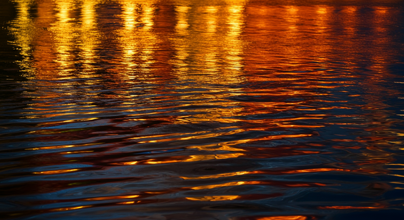 Sunset reflections on a body of water with orange and yellow lights shimmering on the rippling surface.