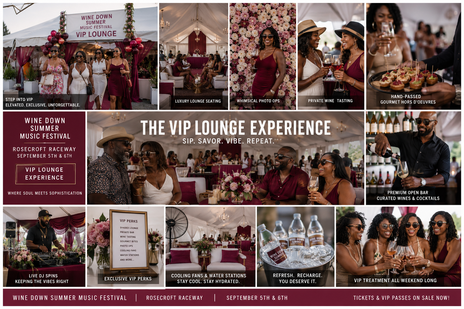 Promotional collage for Wine Down Summer Music Festival at Rosecroft Raceway on September 5th and 6th, featuring images of guests enjoying VIP lounge experience, wine tasting, live DJ, gourmet hors d'oeuvres, water stations, and a luxury lounge setting.