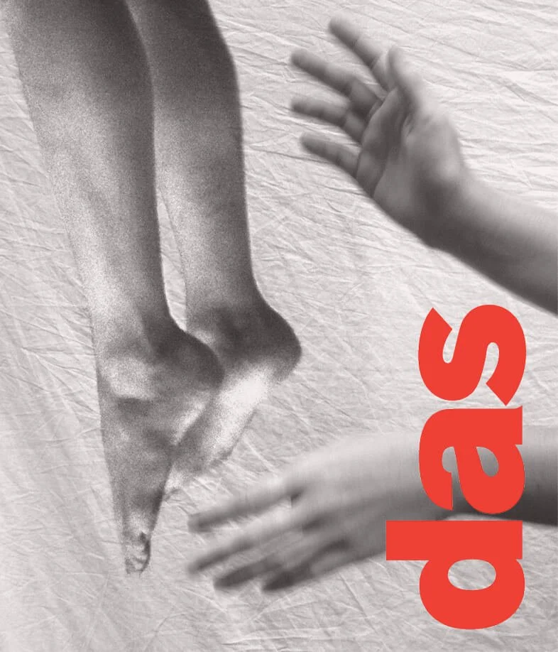 Black and white photo of two hands reaching towards a large, shadowed face with closed eyes, and the word 'das' in bold red letters.