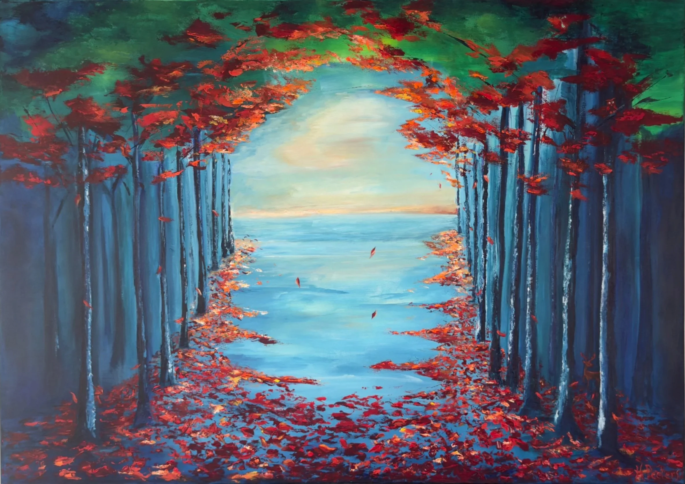Een schilderij van een herfstlandschap met rode en oranje bladeren die vallen op een pad, omgeven door blauwe bomen en groen gebladerte, met een zonsondergang of zonsopkomst op de horizon.