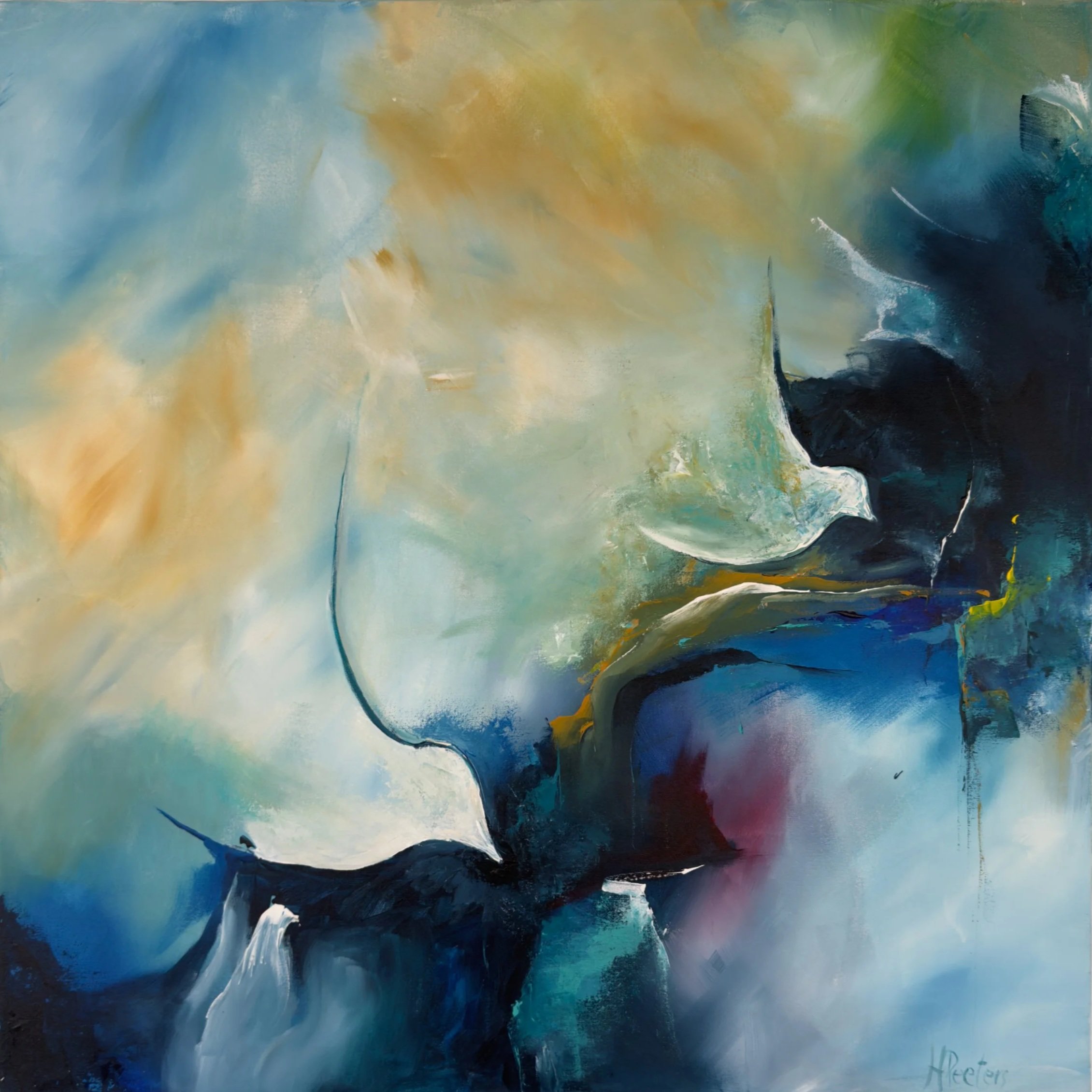 Abstract schilderij met blauw, geel, groen en zwarte kleuren met vloeiende bewegingen.