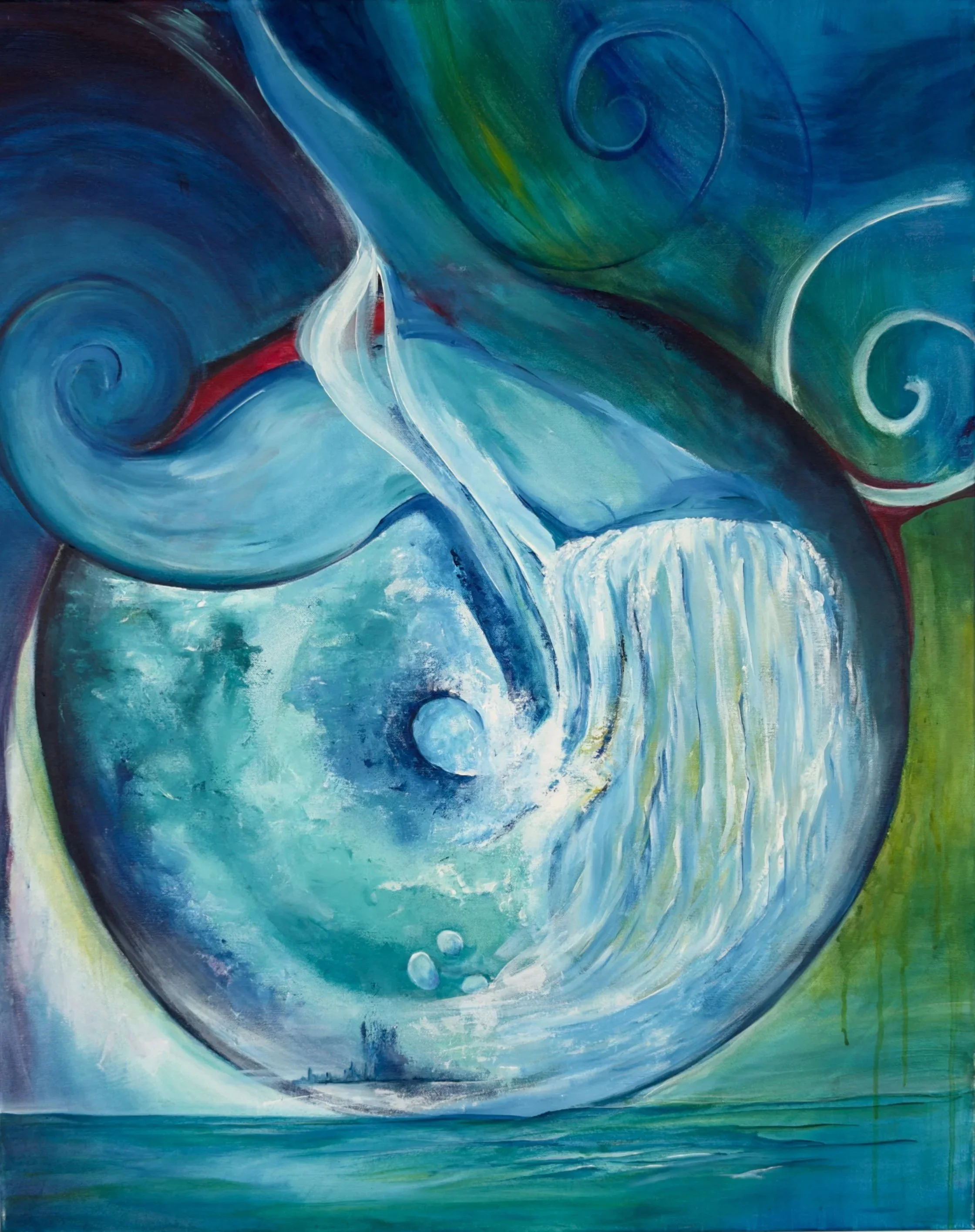 Abstract schilderij met spiralen en golvende lijnen in blauw, groen, wit, en rood