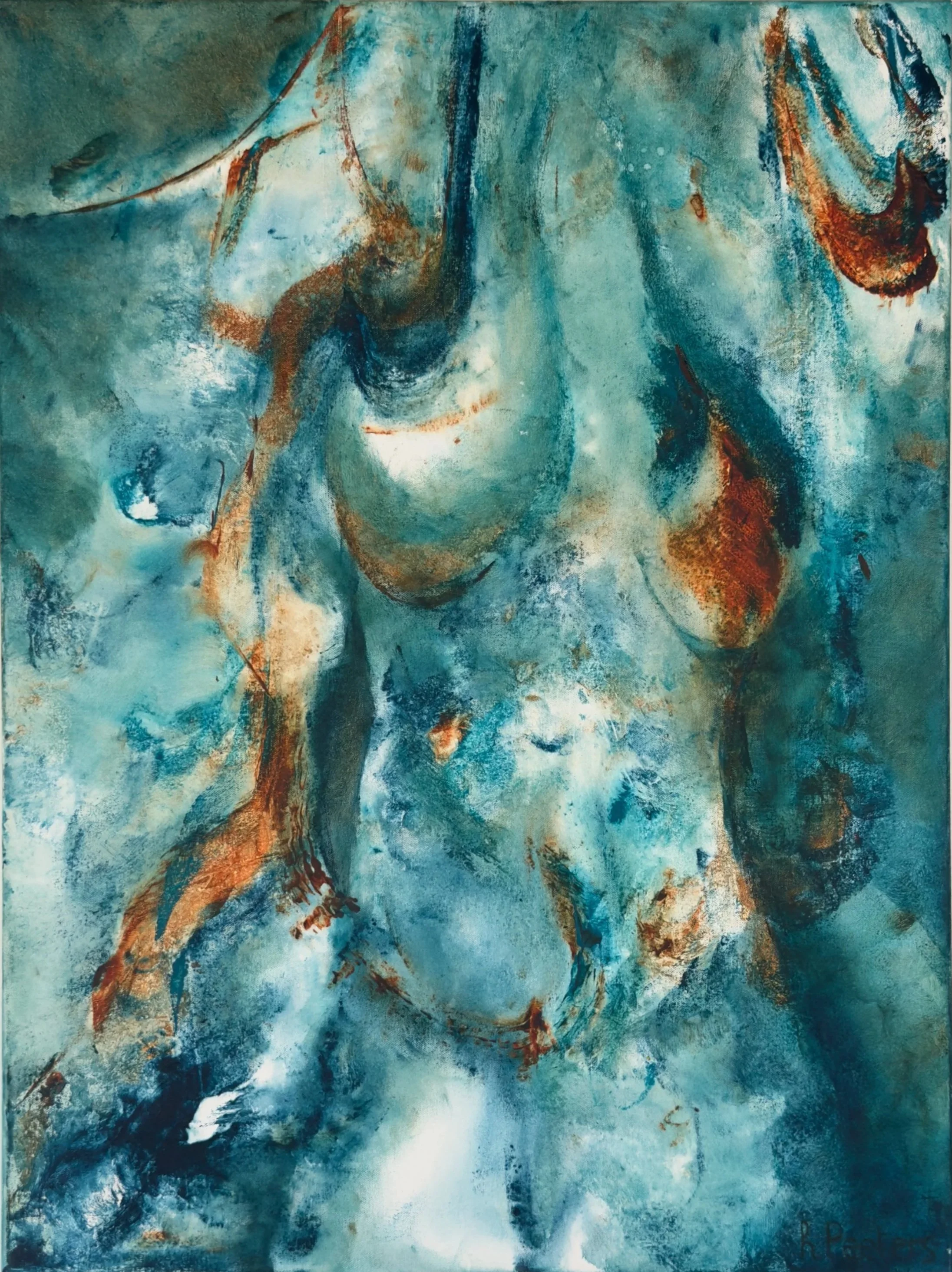 Abstract schilderij met blauwe, groene en oranje tinten met expressieve penseelstreken.