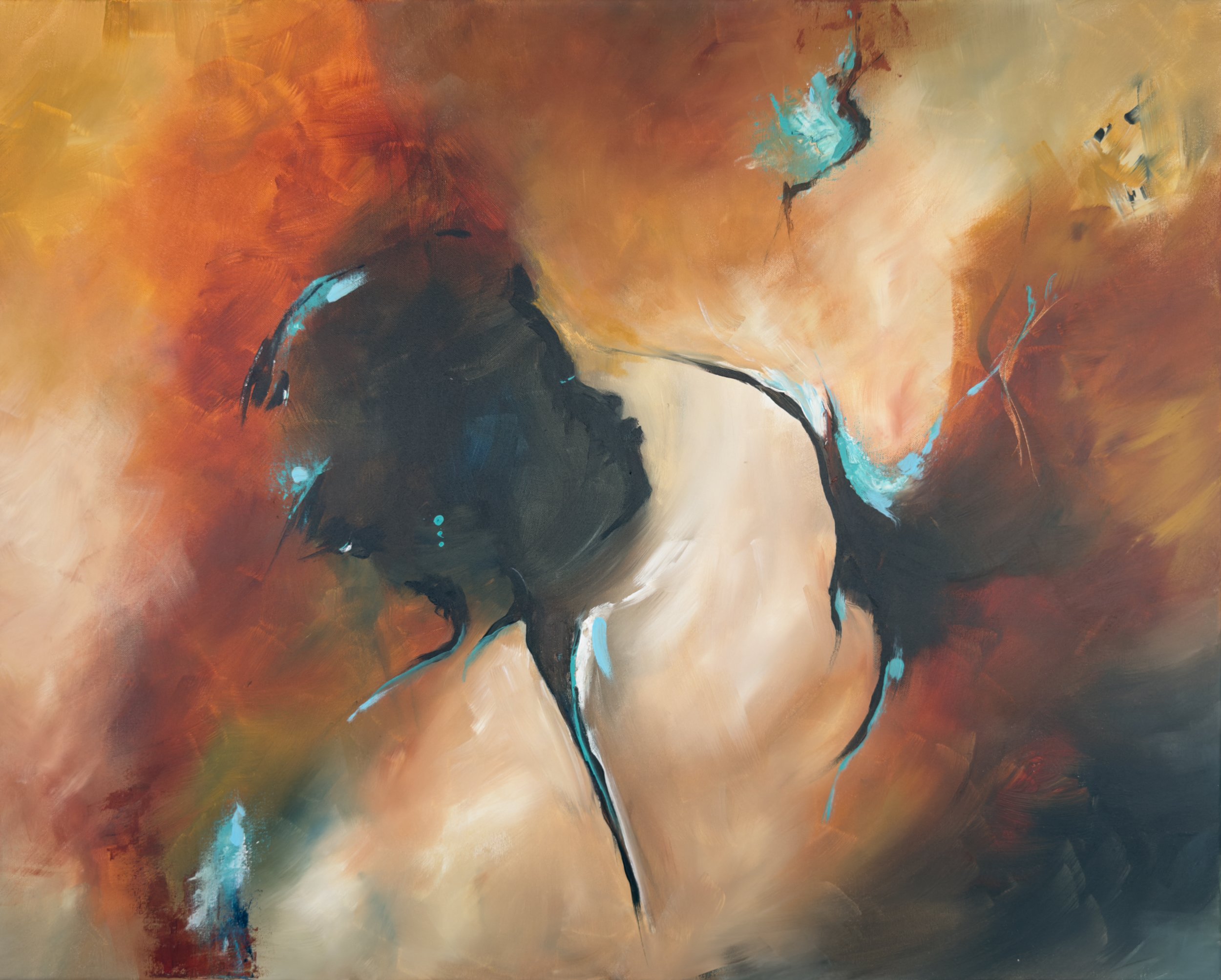 Abstract schilderij met warme tinten zoals oranje, rood en geel, met enkele blauwe en zwarte accenten.