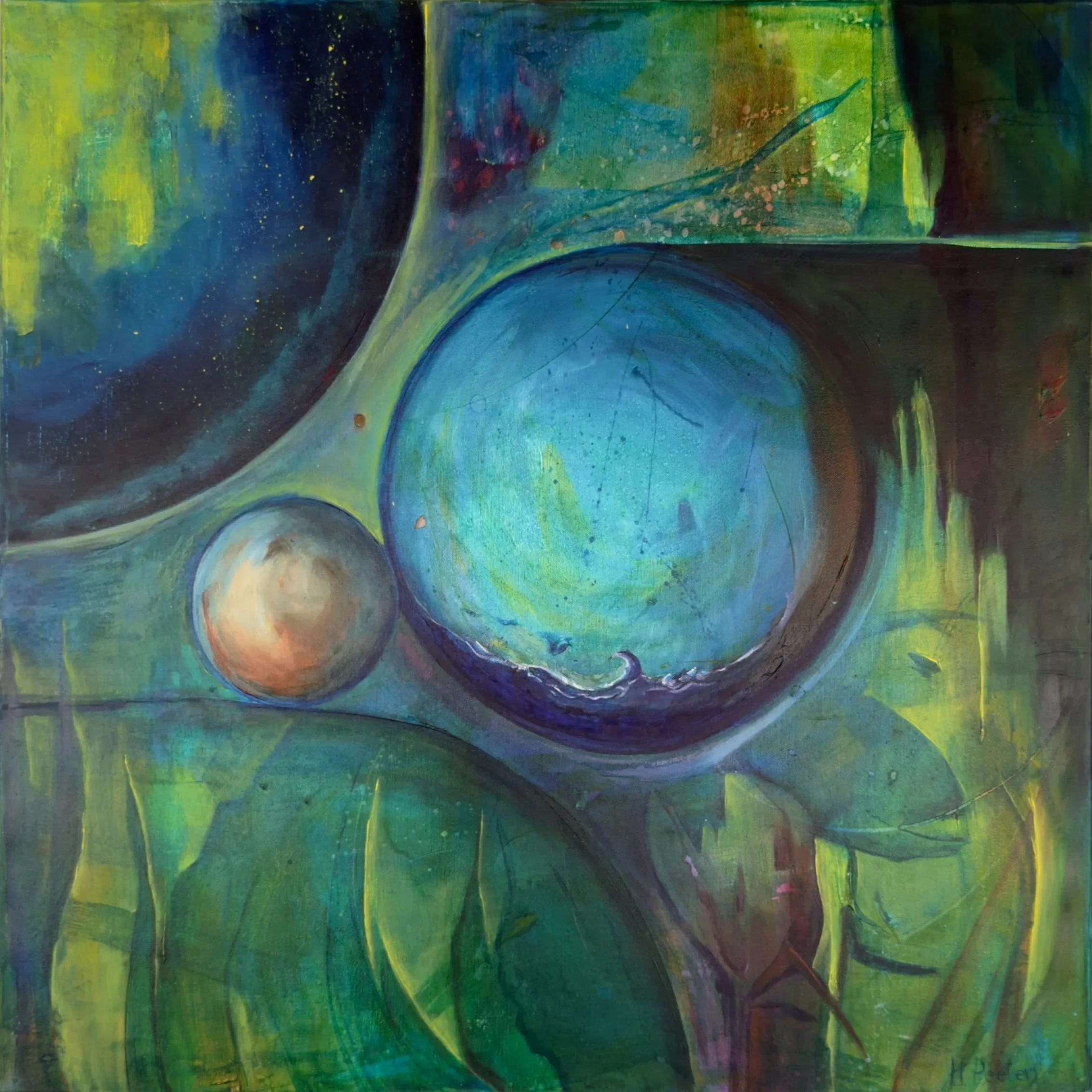 Abstract schilderij met blauw, groen en gele kleuren en enkele ronde vormen.