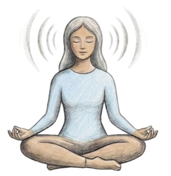 Een vrouw in a meditatiehouding, zittend met gekruiste benen en ogen gesloten, omringd door geluidsgolven.