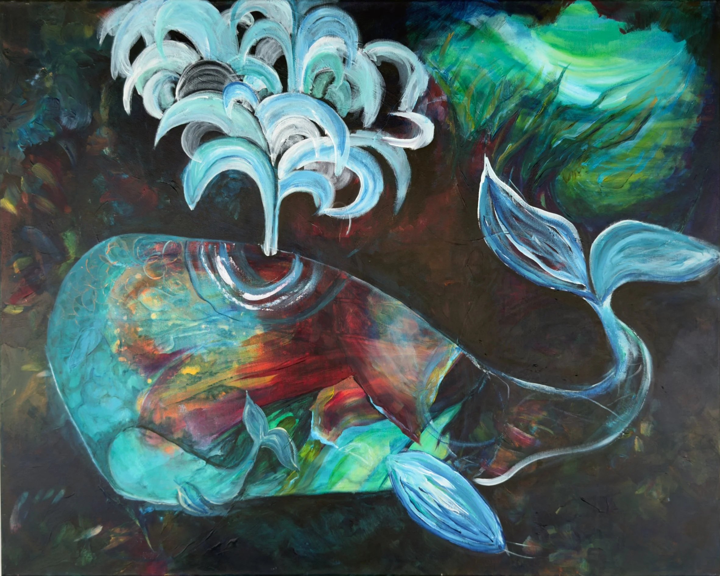 Abstract schilderij met blauwe bloemen en groene bladeren op een donkere achtergrond.