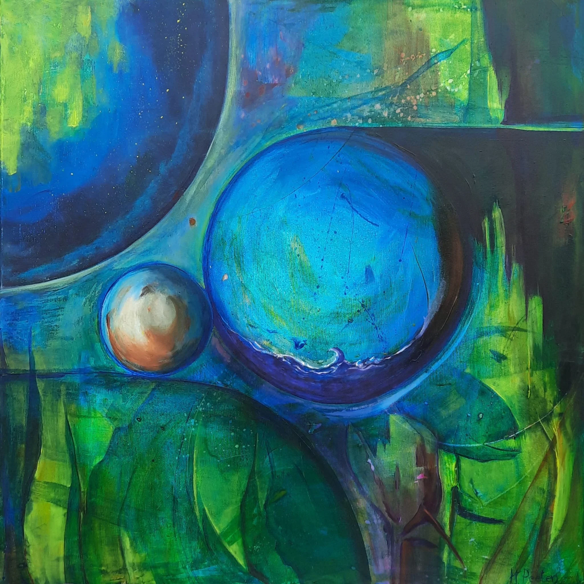 Een abstract schilderij met felle kleuren zoals groen, blauw, geel en paarse tinten, met vloeiende lijnen en stippen.