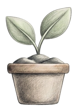 Een getekend plantje met twee grote bladeren in een pot.