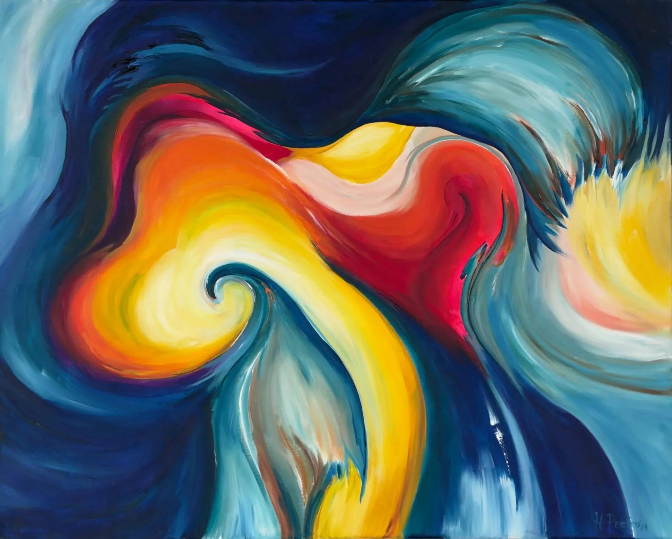 Abstract schilderij met felle kleuren en golvende patronen, voornamelijk in blauw, geel, rood en oranje tinten.
