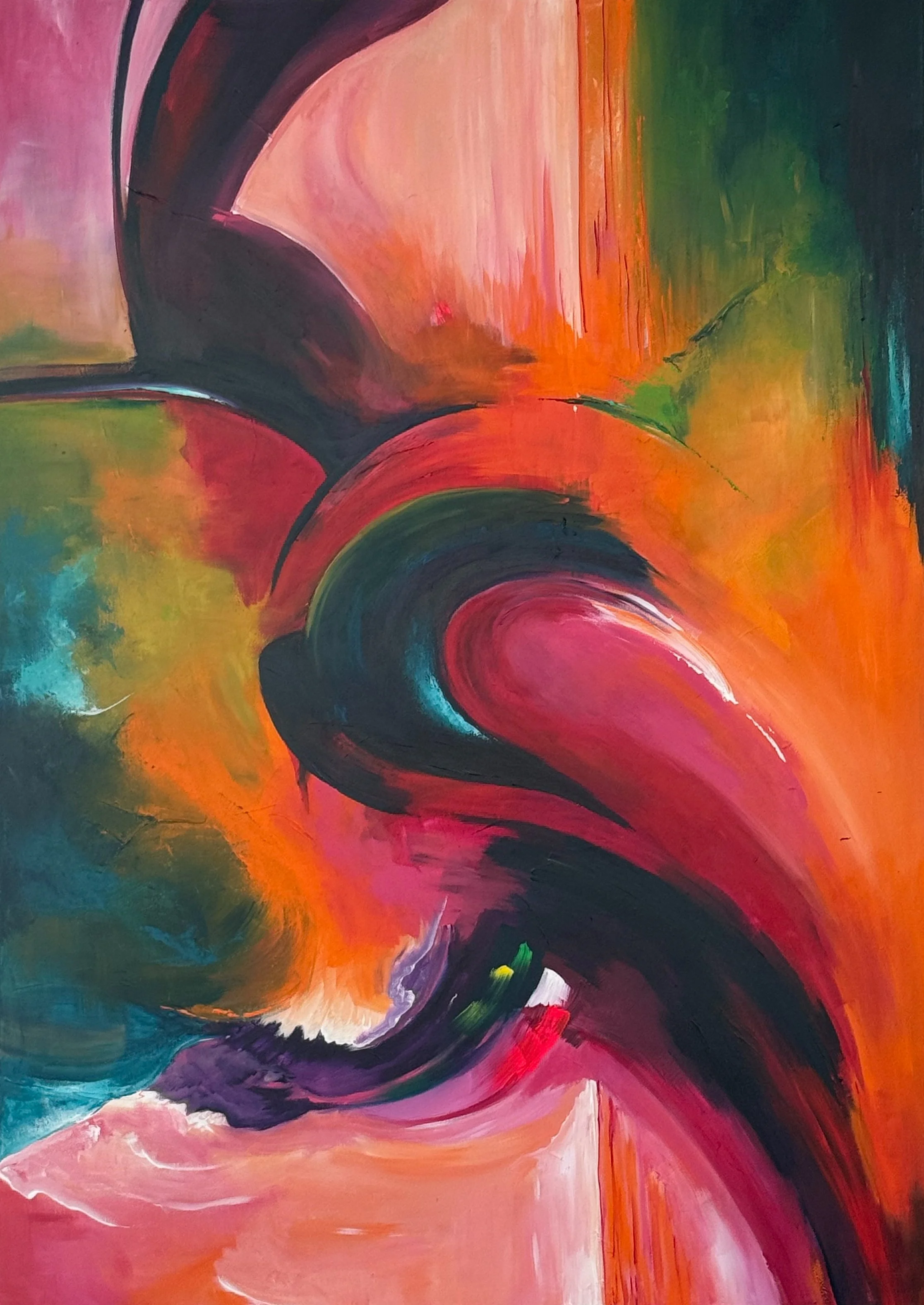 Abstract schilderij met felle kleuren zoals rood, oranje, roze, groen, blauw en zwart, met grote gebogen en spiraalvormige lijnen.