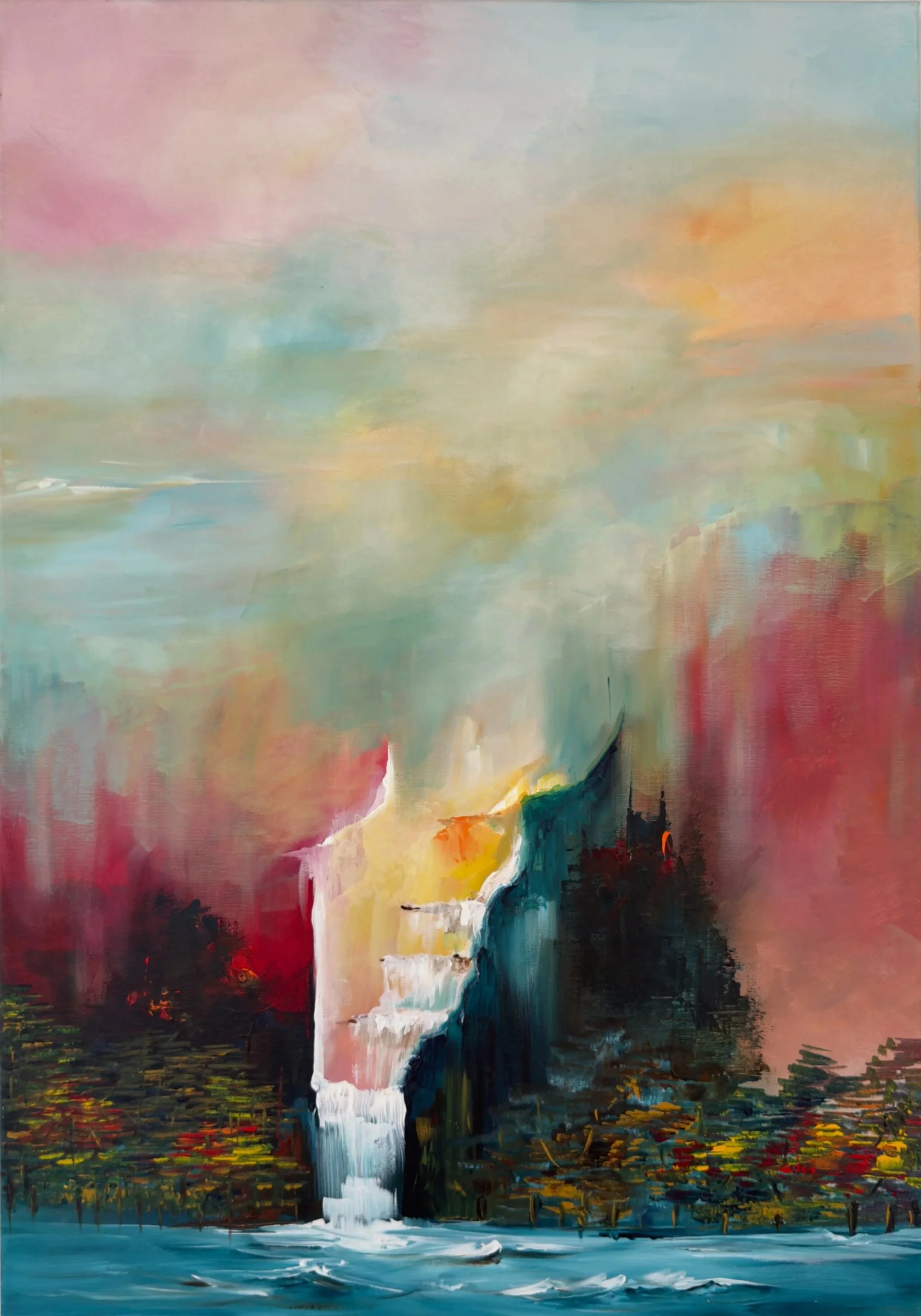 Abstract schilderij van een waterval die in een meer stroomt, met een kleurrijke wolkenlucht op de achtergrond