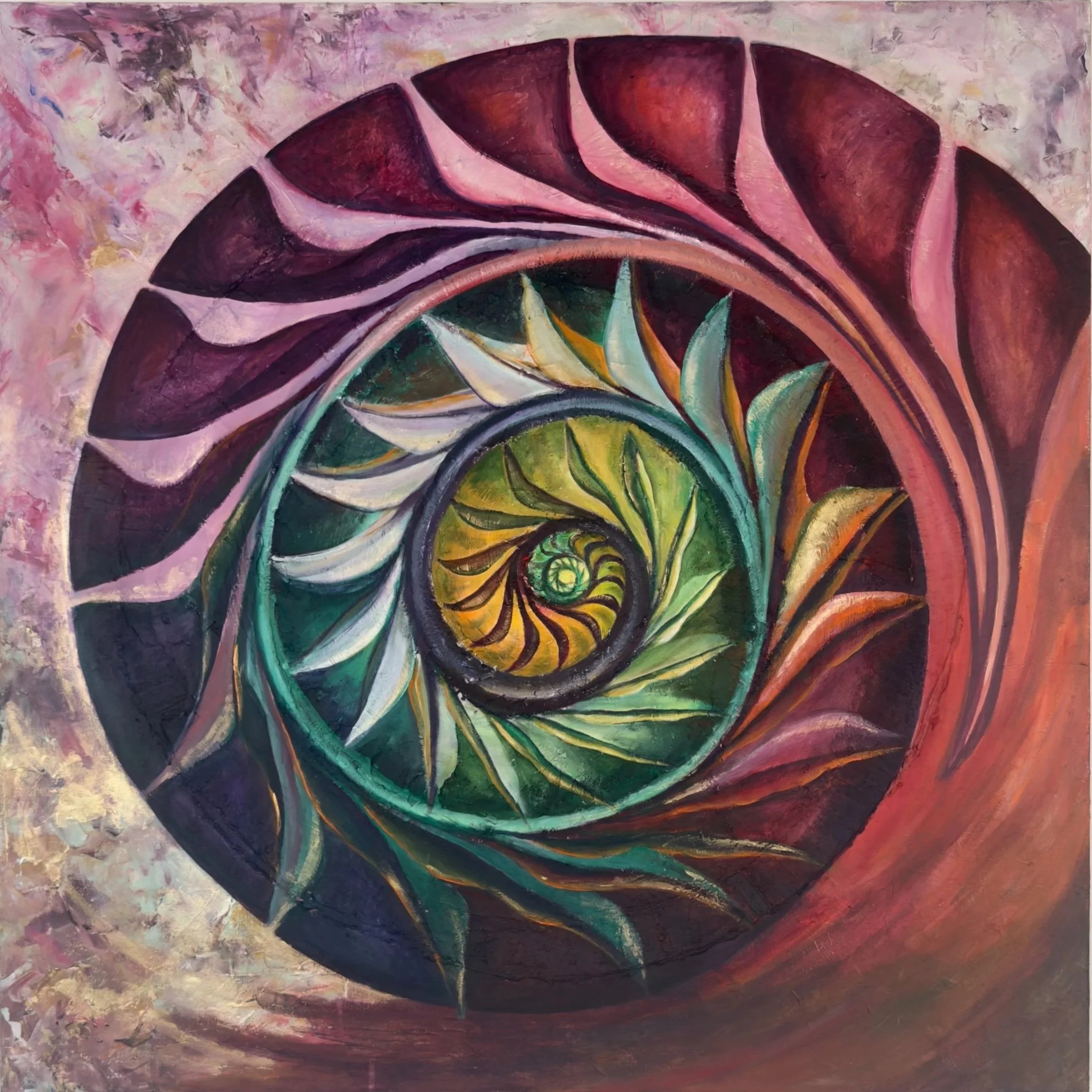 Abstract schilderij met gekleurde spiralen en schelpmotieven, hoofdzakelijk in roze, groen, geel, zwart en paarse tinten.