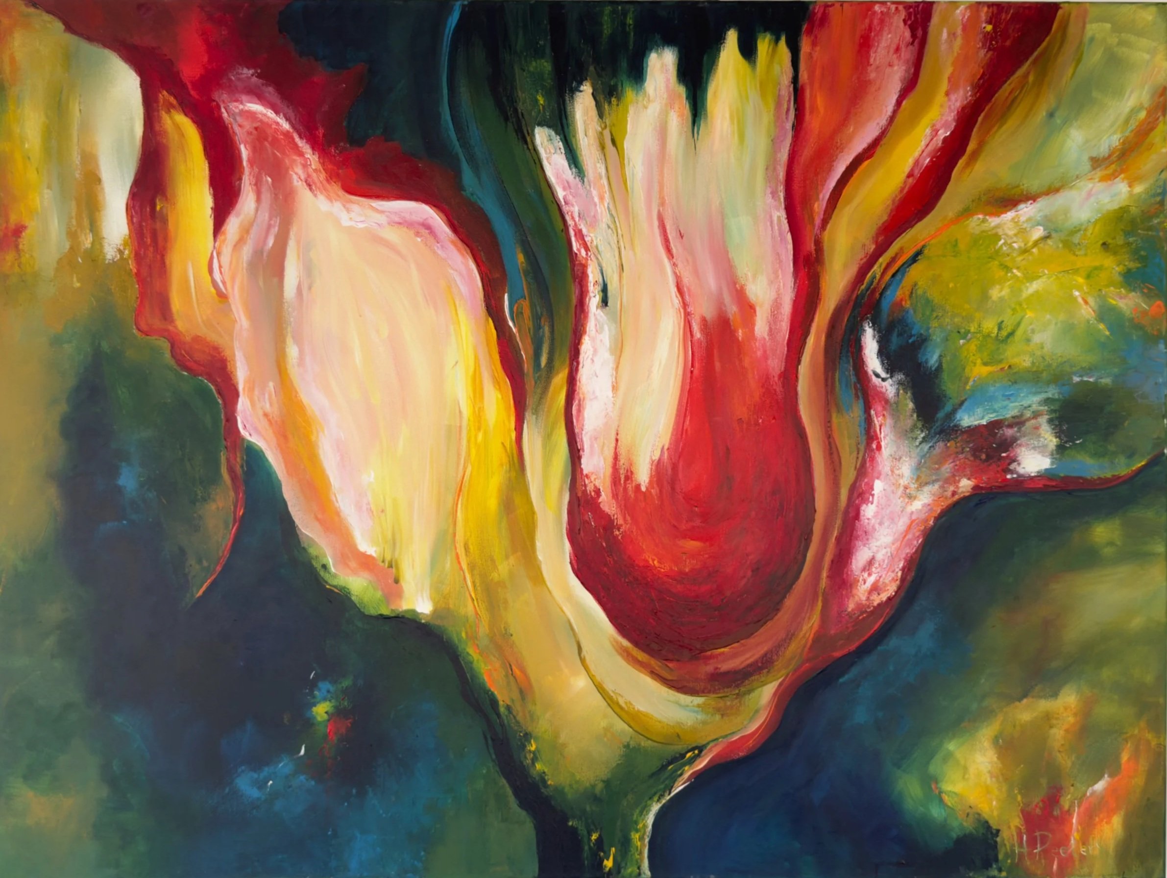 Abstract kleurrijk schilderij met golvende lijnen en vlekken in rood, geel, groen, blauw, zwart en wit.