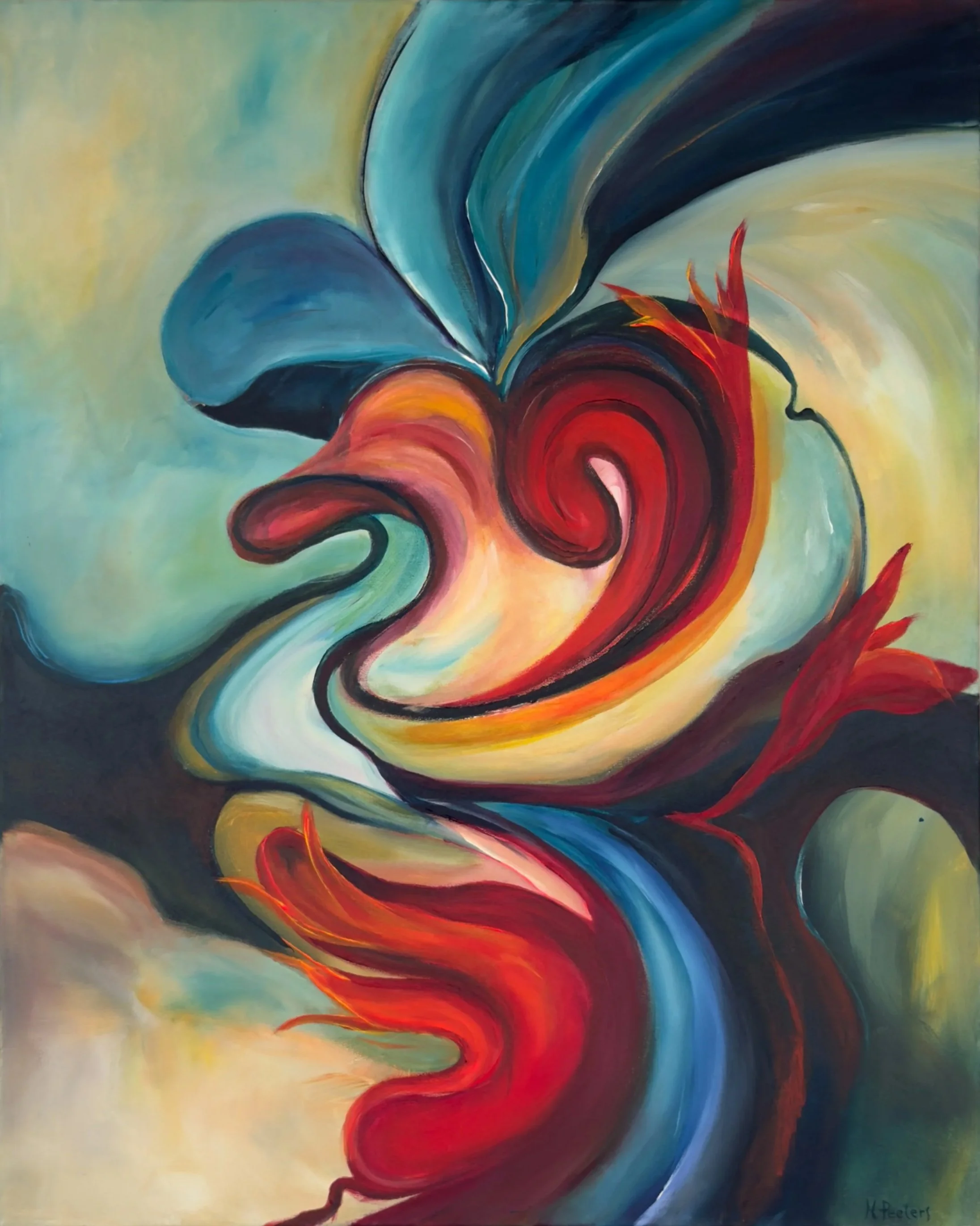 Abstract schilderij met dynamische lijnen en vlekken in rood, blauw, zwart, geel en groen, in een vloeiende compositie.