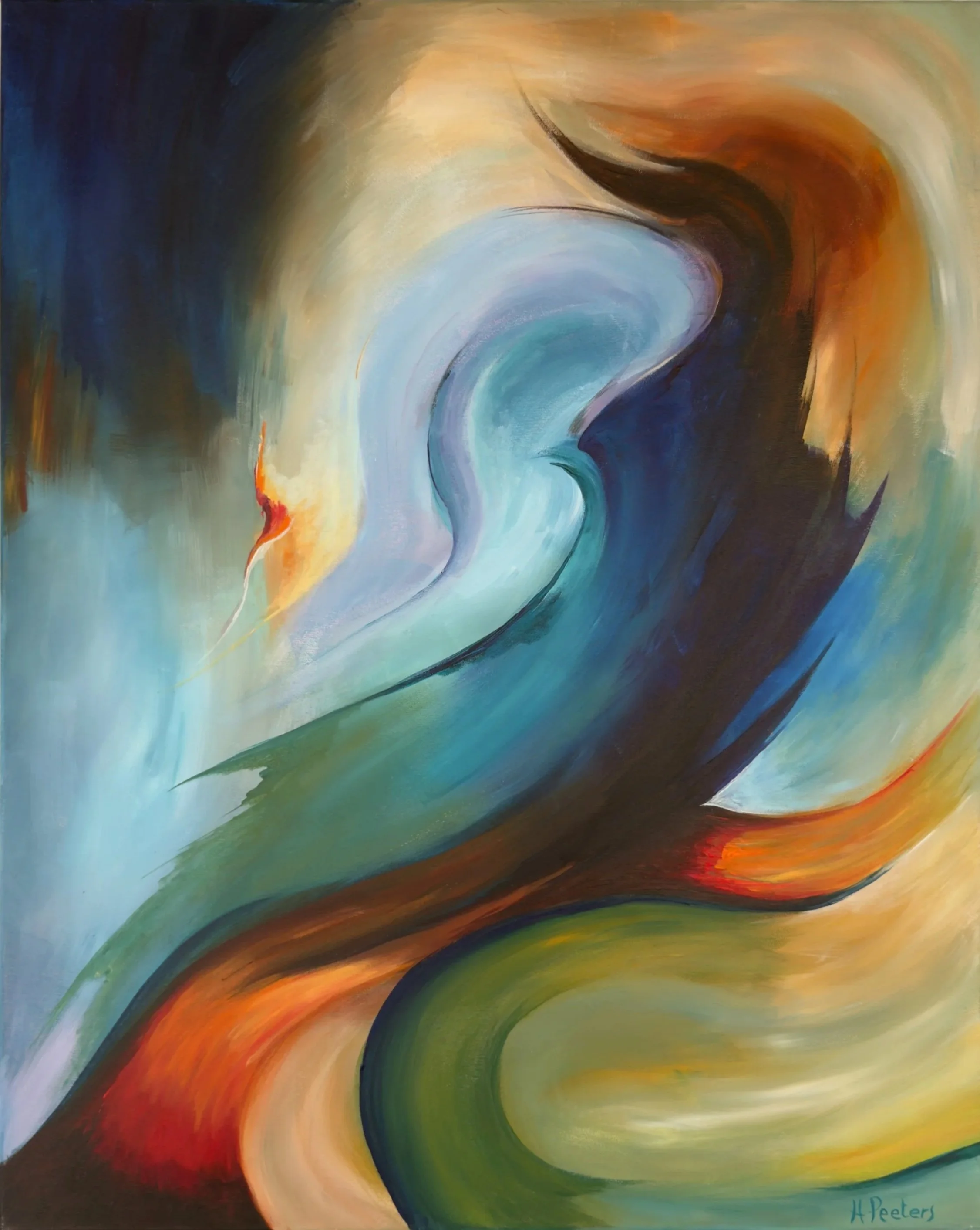 Abstract schilderij met vloeiende lijnen en vlekken in zachte kleuren zoals blauw, groen, geel, oranje en rood, met een dynamische en energieke compositie.