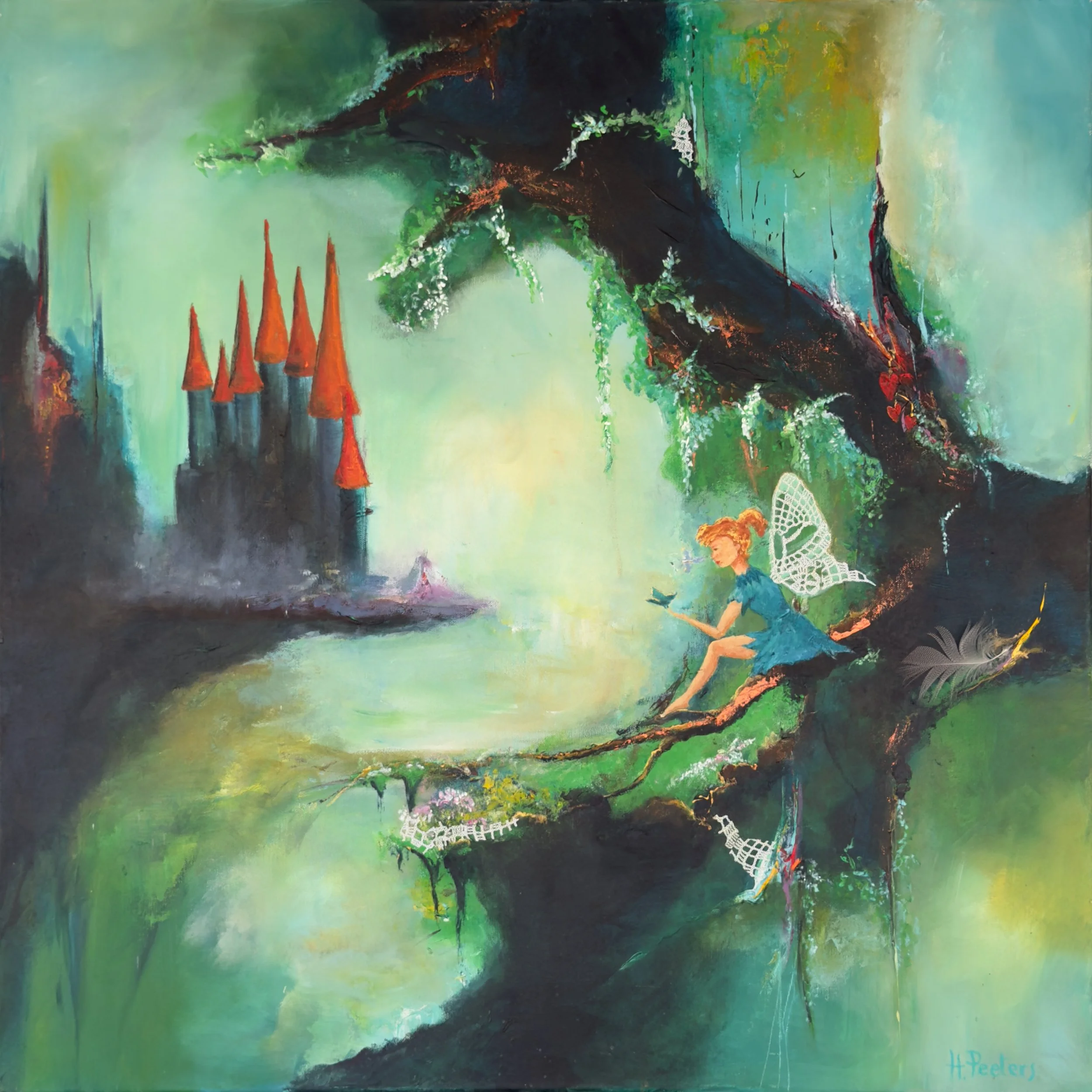 Abstract schilderij met groene, blauwe en zwarte tinten, met rode torens en een kleine witte brug onderaan.