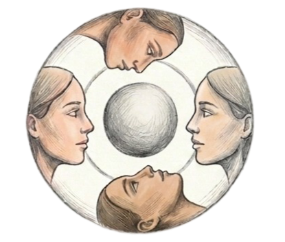 Vier vrouwen die naar een bol in het midden kijken, met twee vrouwen boven en twee onder, in een cirkelvormige compositie.