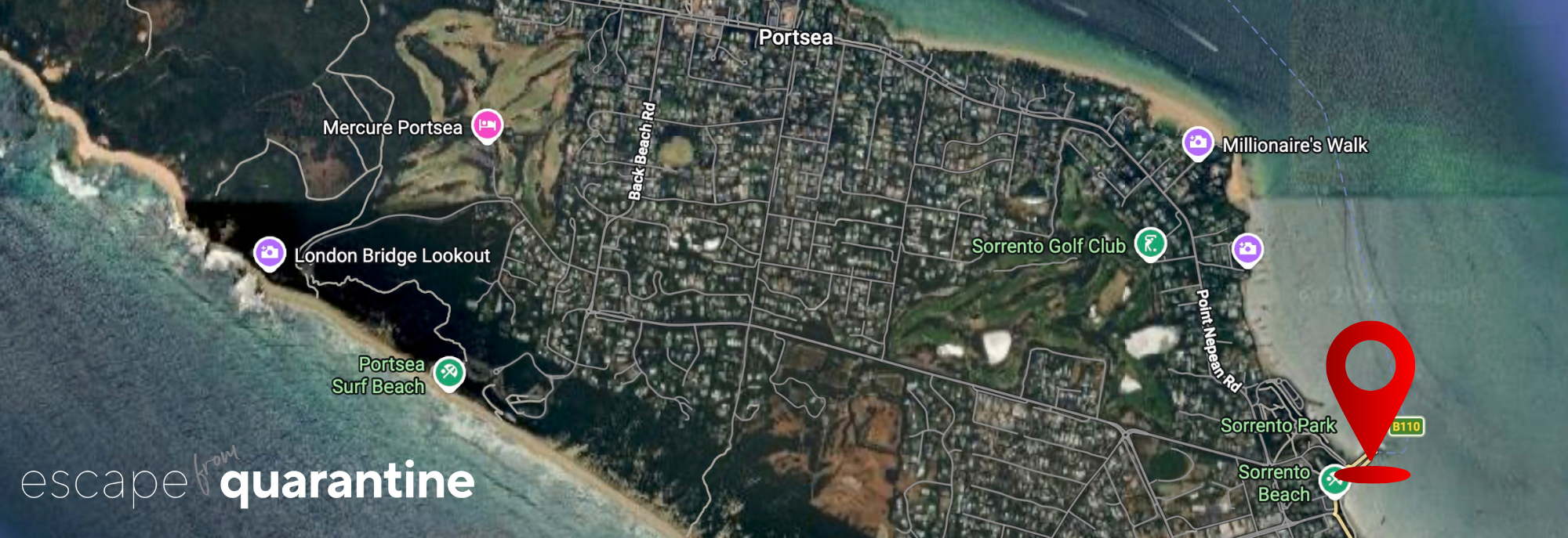 Satellite map of Portsea, Australia, showing beaches, golf course, and points of interest, with a red location marker near Sorrento Beach.
