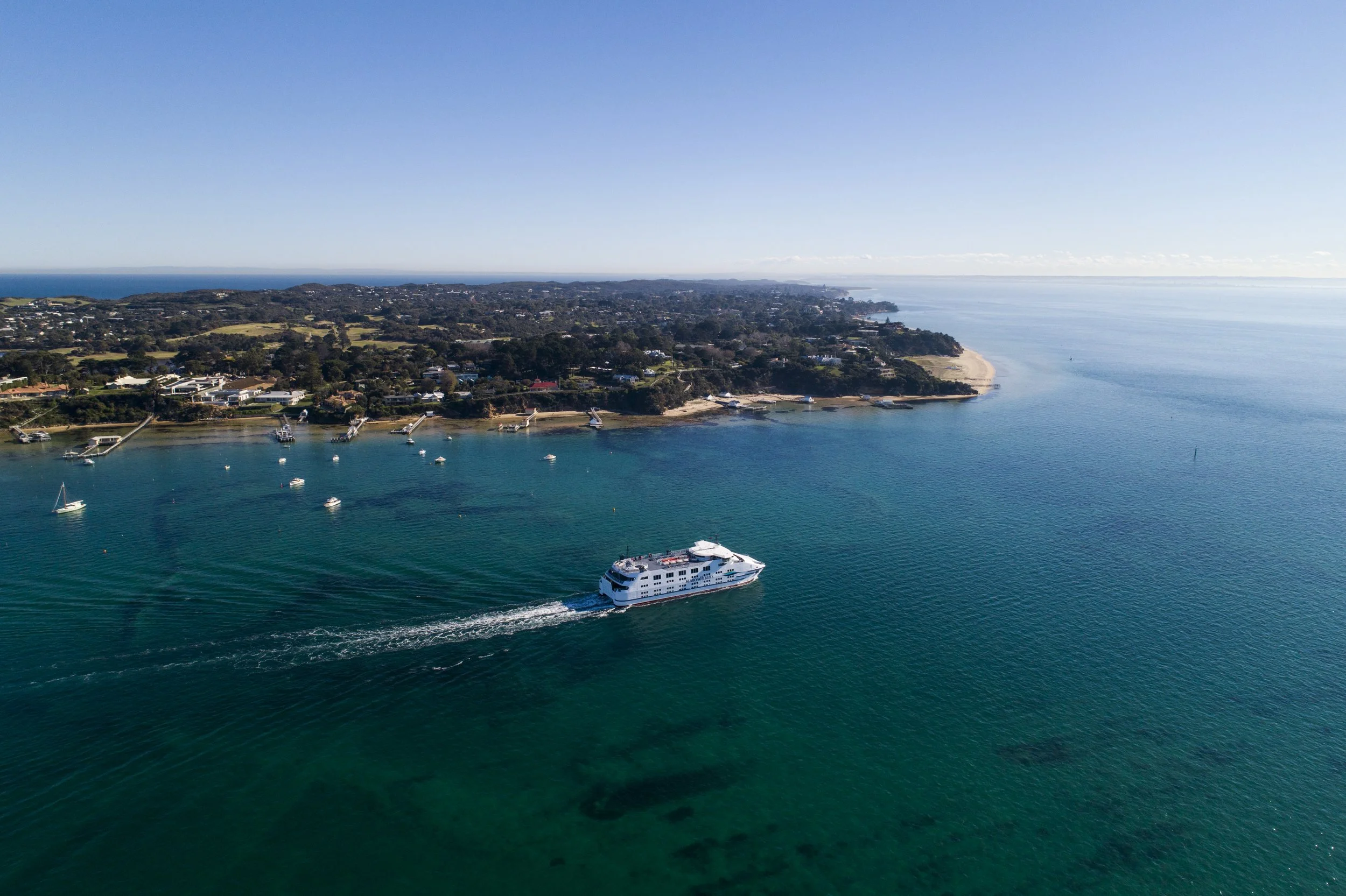Aerial view of a coastal town with boats in the water, a large cruise ship, and green landscape with houses and trees along the shoreline, under a clear blue sky.