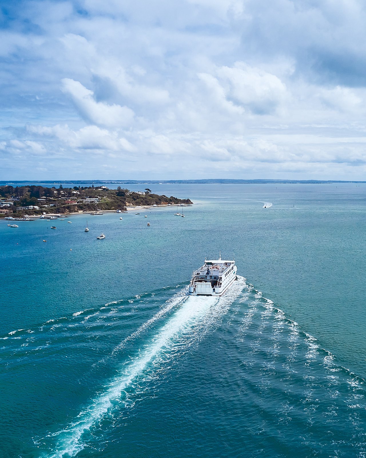 A large white ferry boat sailing through blue water, leaving a trail of white foam behind, with a coastline and homes in the distance under a partly cloudy sky.