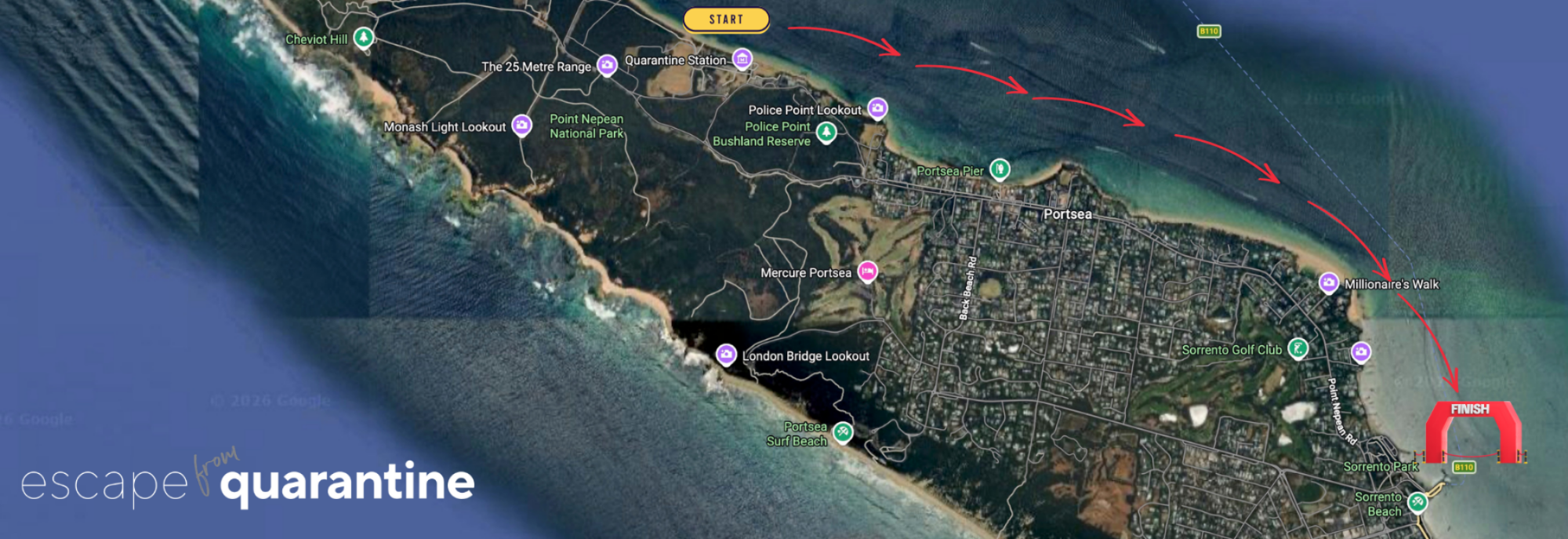 Map of Portsea, Australia, showing a course for a boat race from the start near Cheviot Hill to the finish at Sorrento Beach, passing landmarks such as Point Nepean National Park, Police Point Lookout, Millonaire's Walk, London Bridge Lookout, and Sorrento Golf Club.