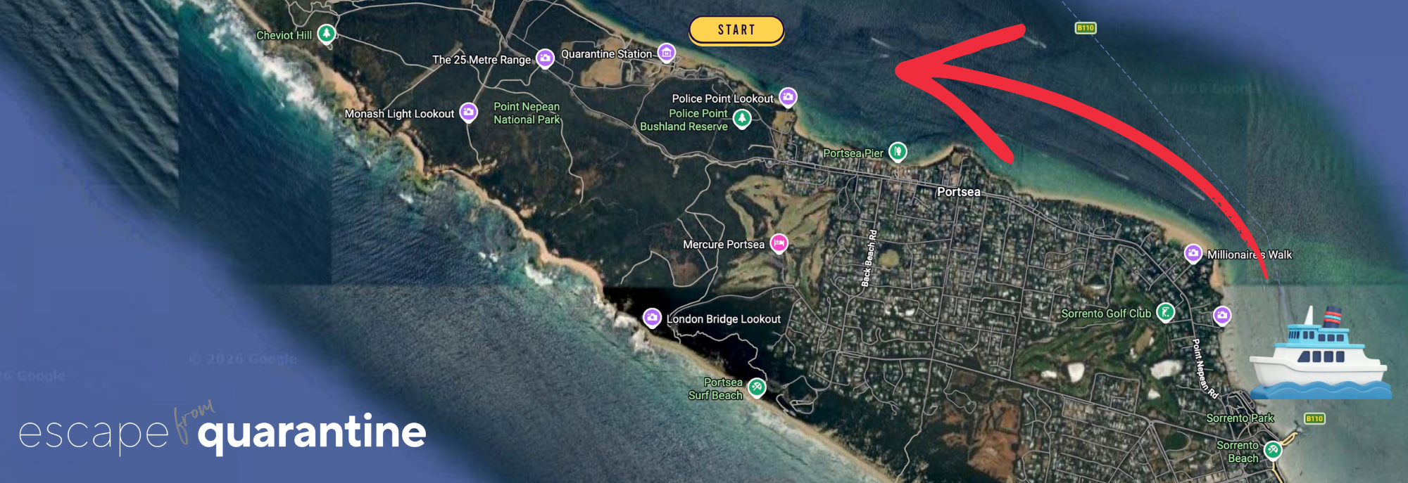 Map of Portsea, Australia, with a starting point marked and a red arrow indicating a boat route offshore towards a larger ship icon.