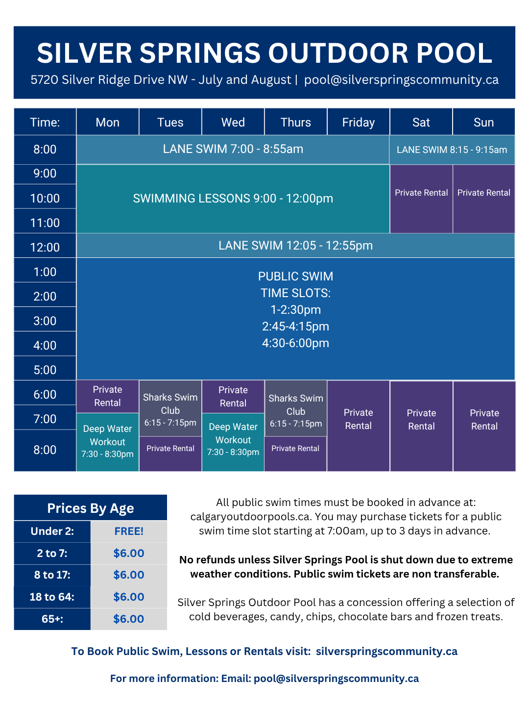 Schedule of swimming activities and private rentals at Silver Springs Outdoor Pool, including swim lessons, lane swims, public swim times, and special programs like Sharks Swim Club and Deep Water Workout, with contact information and booking details.