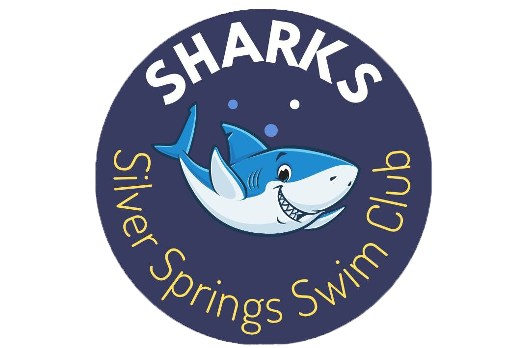 Logo of Silversharks swimming club featuring a smiling cartoon shark in a circle with the club name and slogan.