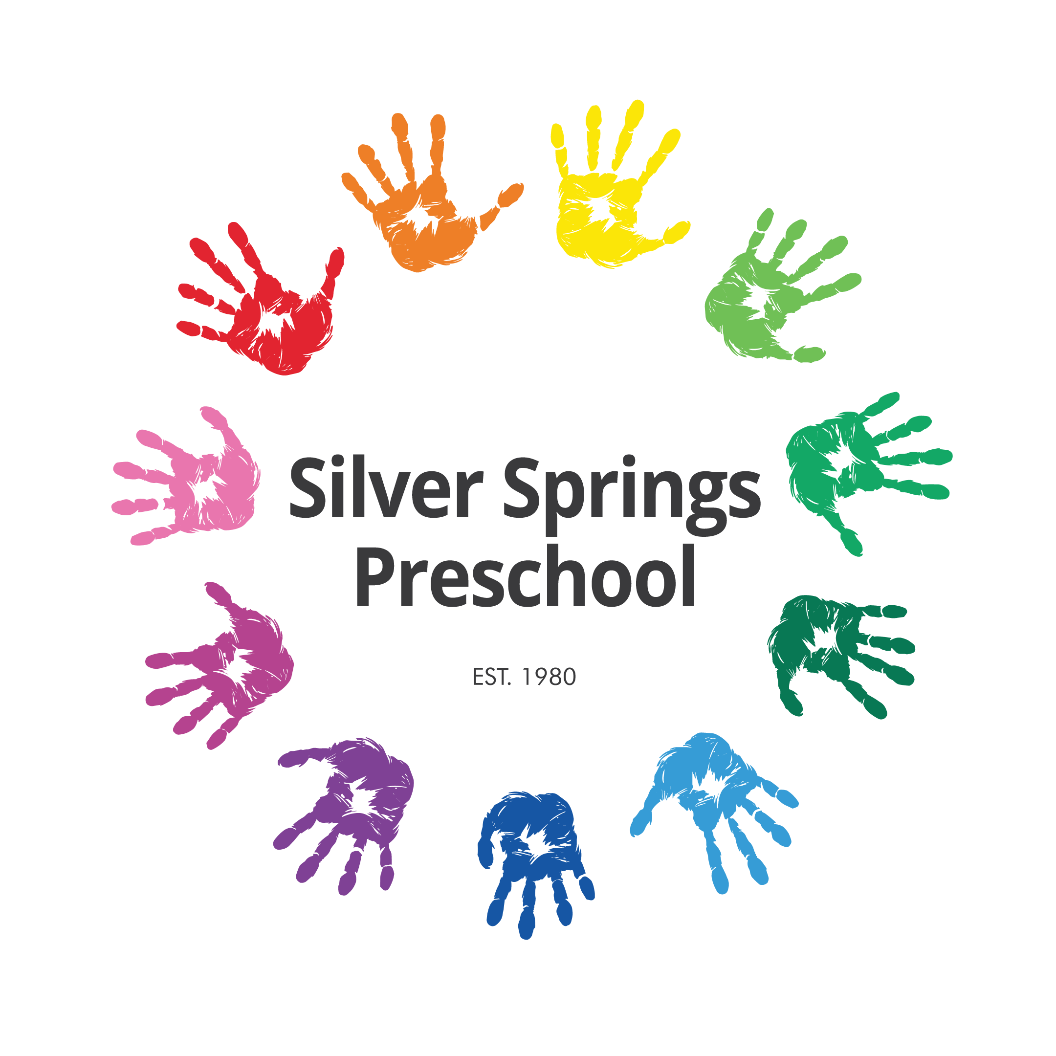 Colorful handprints arranged in a semi-circle with the text "Silver Springs Preschool" and "Est. 1980" beneath.