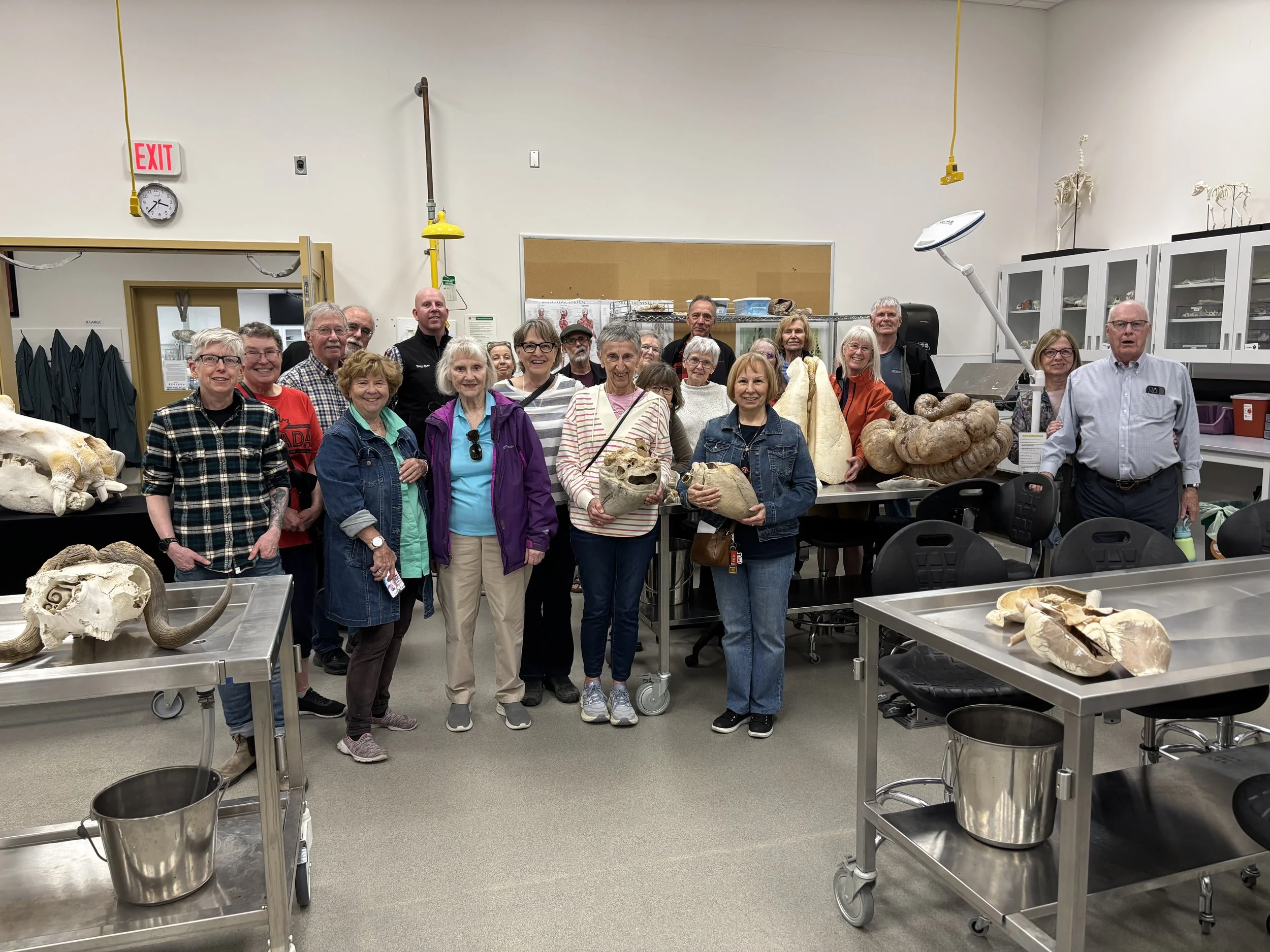 A group of adults standing in a scientific or educational setting with animal skulls and bones on tables and shelving, some holding skulls, in a room with white walls, cabinets, and scientific equipment.