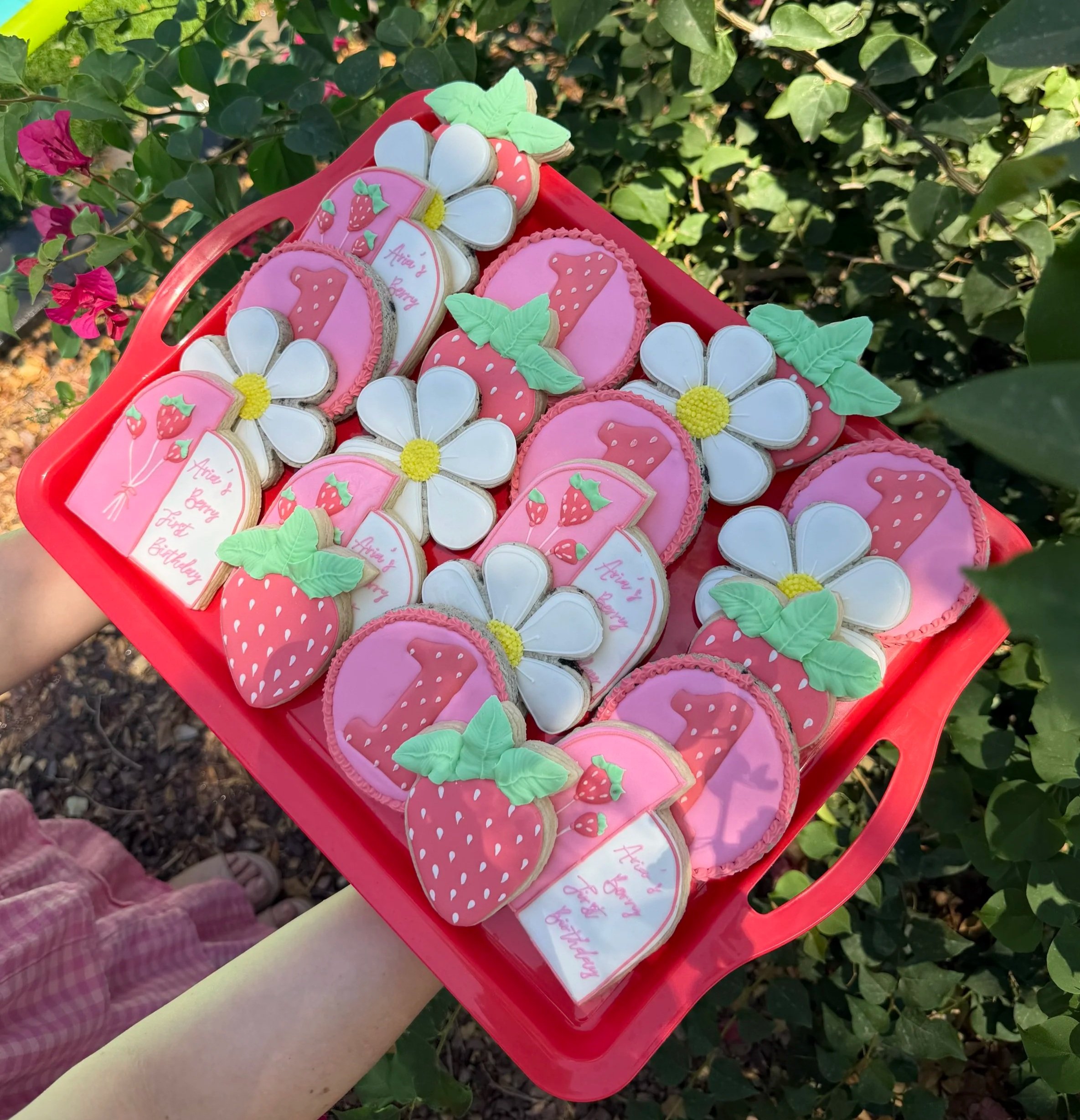 A red tray filled with decorated sugar cookies shaped like strawberries, daisies, and hearts, some with pink or white icing and green leaves, held by a person wearing a pink checkered shirt outdoors among green bushes and pink flowers.