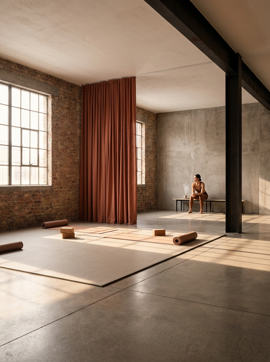 A woman sits on a bench in a spacious, industrial-style studio with large windows, exposed brick, and concrete walls, preparing for a yoga or workout session with yoga mats and props on the floor.