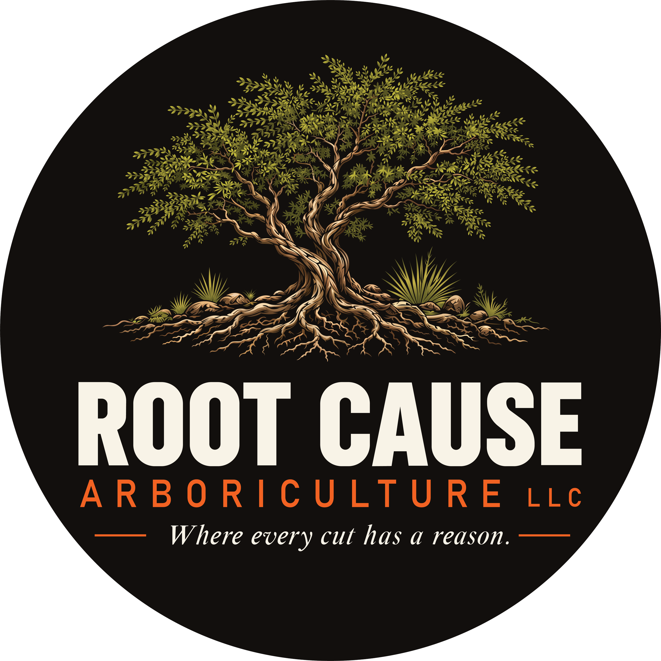 A circular logo with a stylized tree in the center, green leaves, and brown branches. The text reads: 'ROOT CAUSE' in white, 'ARBORICULTURE LLC' in orange, and 'Where every cut has a reason' in white cursive. The background is black.