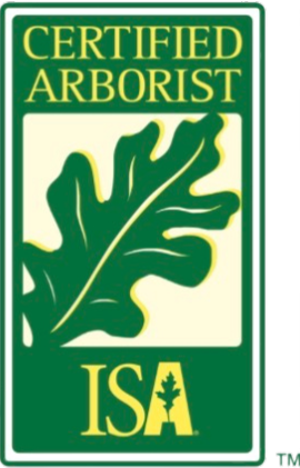 Certification badge for a Certified Arborist by the ISA, featuring a green oak leaf icon.