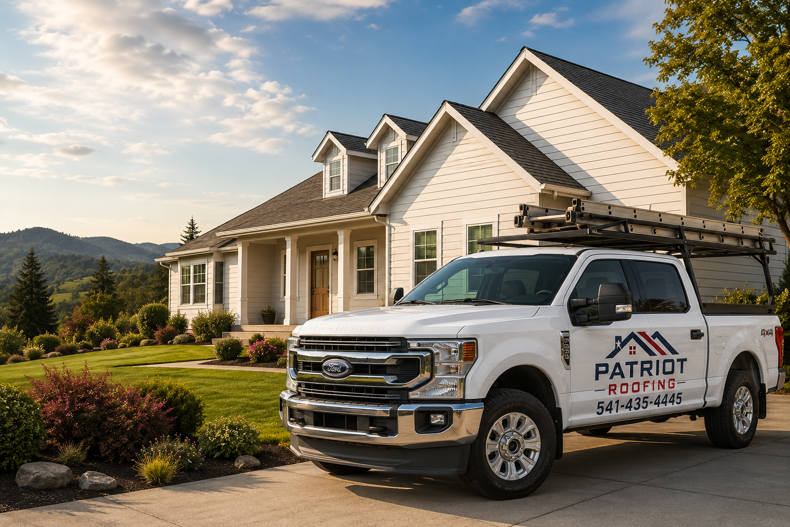 A white Ford pickup truck with the Patriot Roofing logo and contact information parked in front of a white house with a landscaped lawn and mountain view in the background.