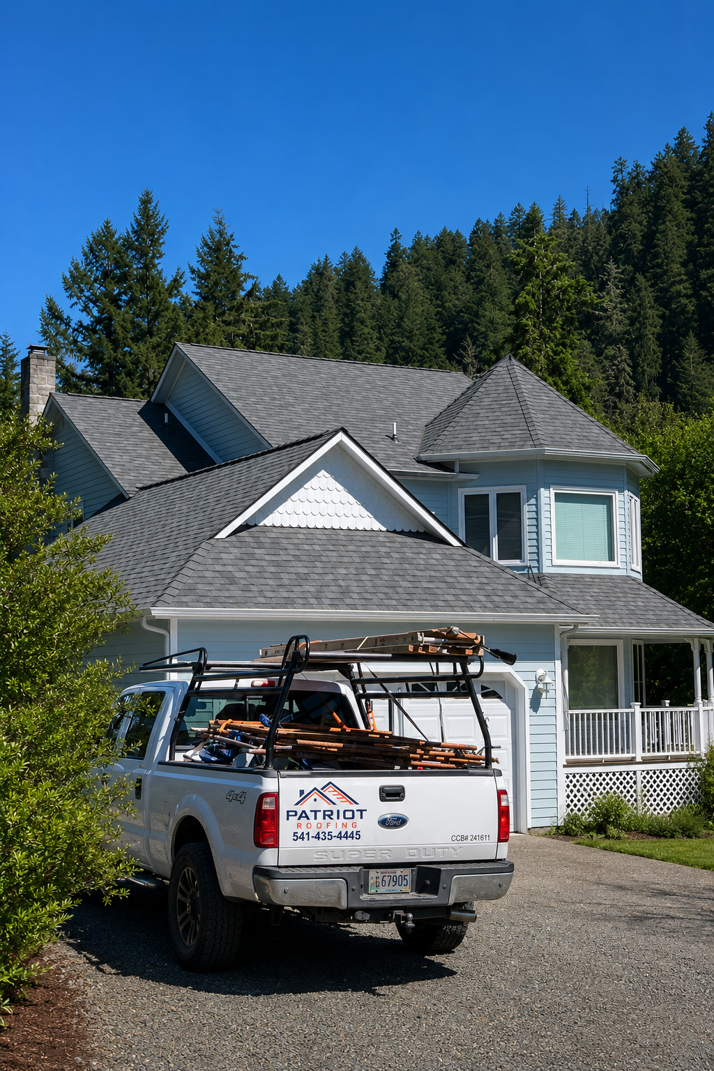 A light blue house with a gray roof, a large bay window, and a porch, set against a backdrop of tall evergreen trees and a clear blue sky. A white pickup truck with roofing equipment and ladders is parked in the driveway.