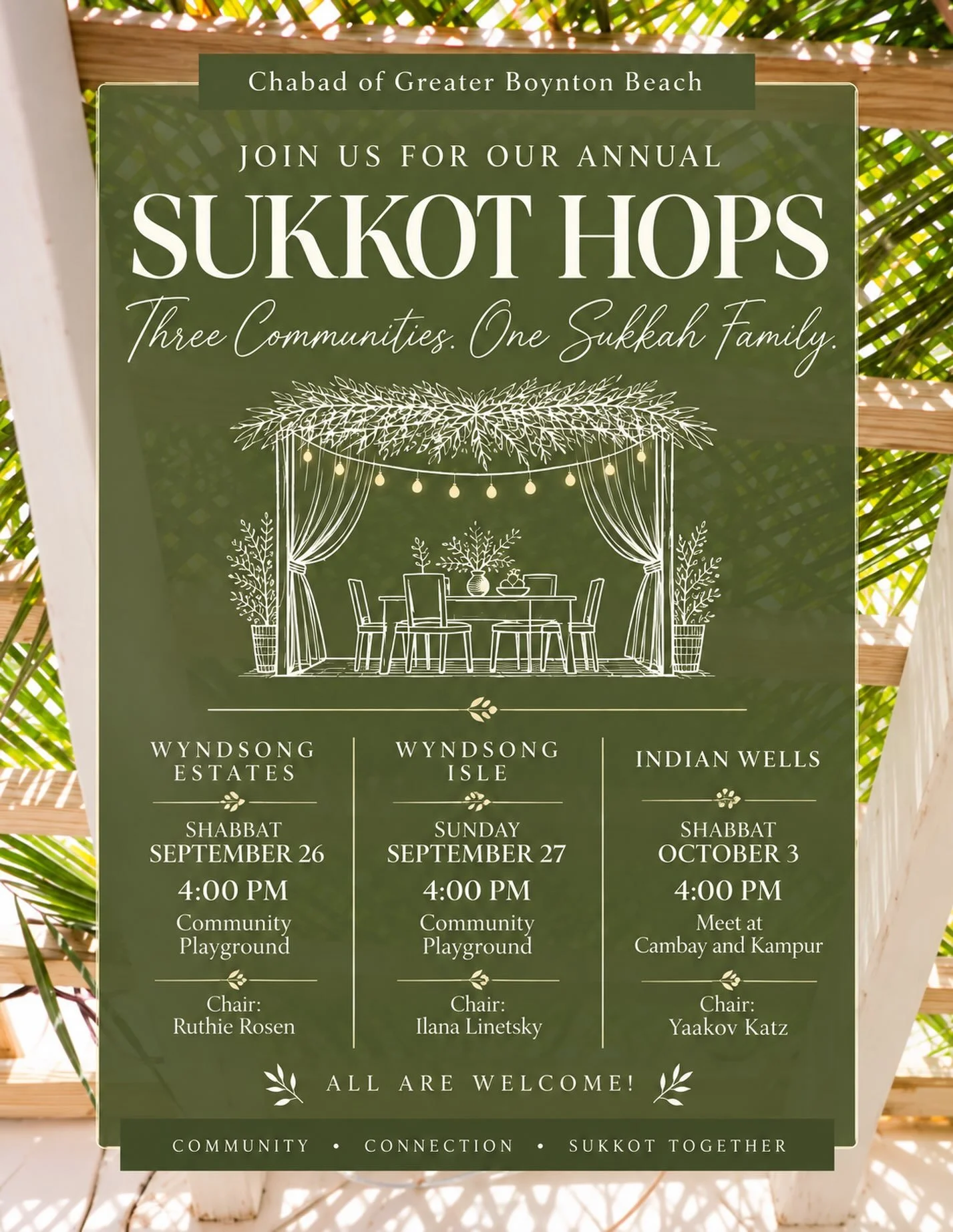 Hop from sukkah to sukkah and celebrate the joy of Sukkot with our community! 🌿✨

There&rsquo;s something special about gathering in a sukkah surrounded by family, friends, neighbors, and the warmth of Jewish community. It&rsquo;s a reminder that wh