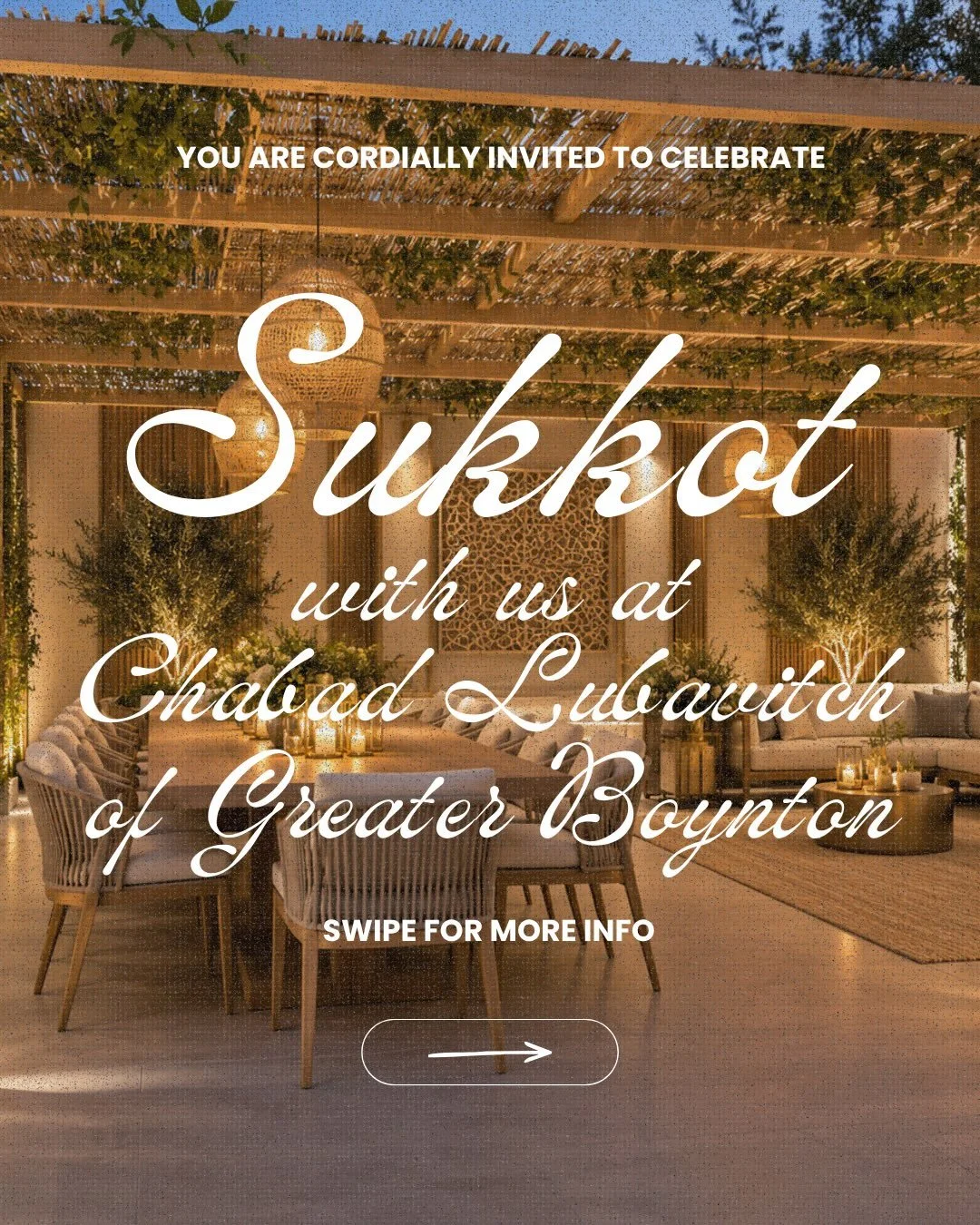 Celebrate Sukkot, Shemini Atzeret &amp; Simchas Torah with us! 🌿✨

From Kiddush in the Sukkah to Hakafot, dancing, singing, and celebrating the Torah, we have a beautiful week ahead at Chabad of Greater Boynton.

Swipe ➡️ for the full holiday schedu