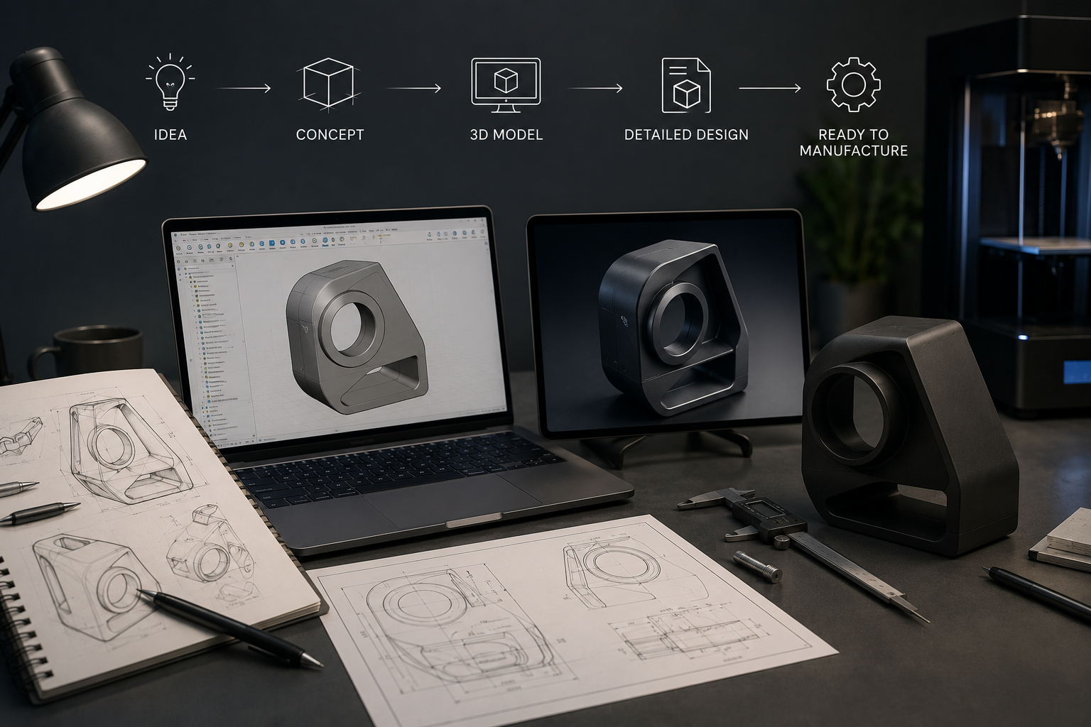 Design workspace with 3D modeled speaker, sketches, pens, drawing tools, laptop, two monitors displaying a 3D rendering of the speaker, and 3D printer in the background. The process flow from idea to manufacturing is shown at the top.