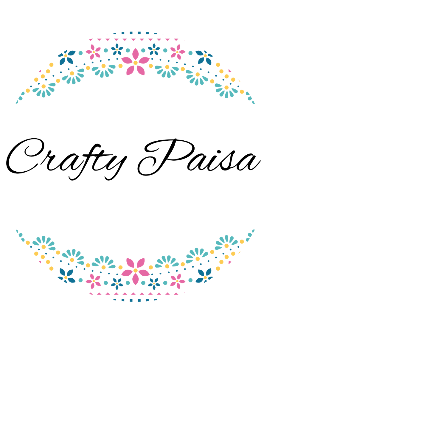 A decorative floral pattern with pink, yellow, blue, and purple flowers arranged in a crescent shape around the phrase 'Crafty Paisa' in script font.