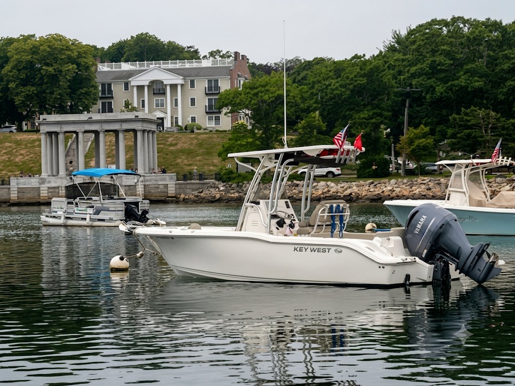 "Points North" on the mooring with Plymouth Rock in the background
