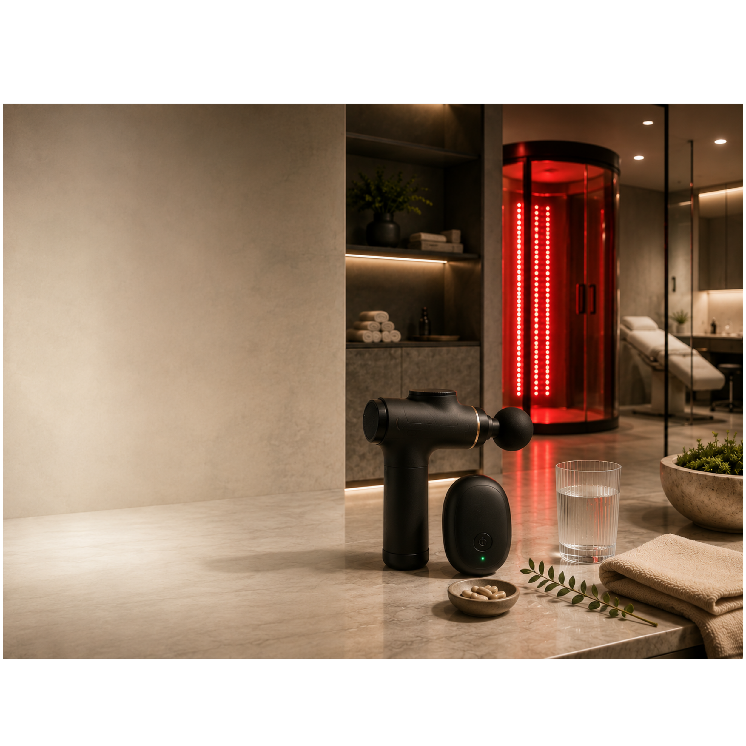 Modern bathroom with a marble countertop, a black Dyson hairdryer, a glass of water, a bowl of pills, a folded towel, and a plant, with a red sauna or steam chamber in the background.