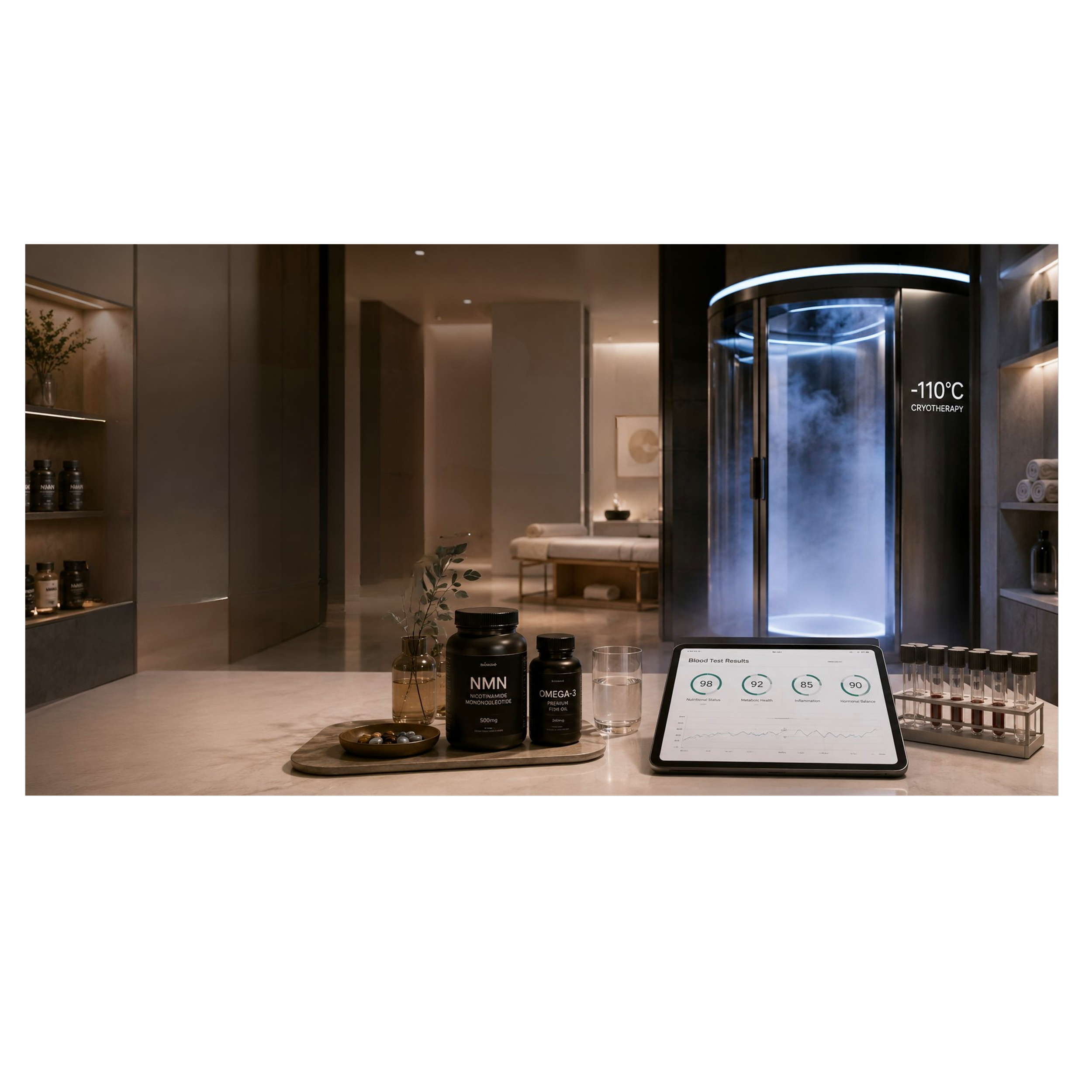 A modern wellness clinic interior with a steam cryotherapy chamber and a digital health monitor displaying blood test results and vital signs.
