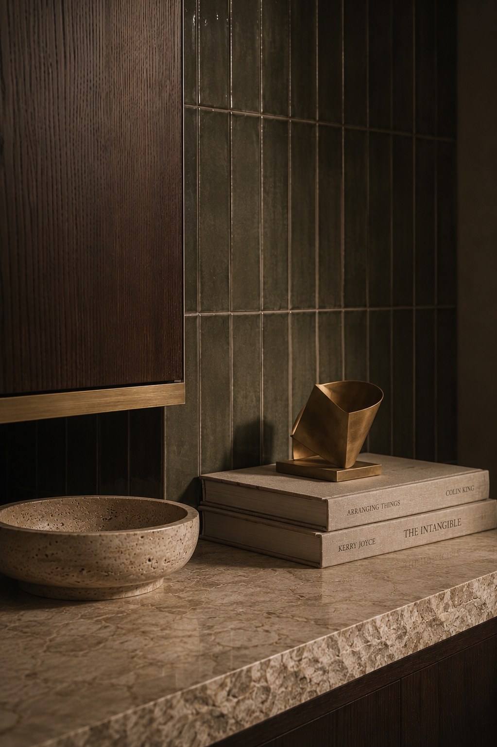 Close-up of a beige marble countertop with a small, round, speckled stone bowl, several large hardcover books, and a decorative bronze sculpture on top of the books, set against a dark tiled wall and wooden cabinet.