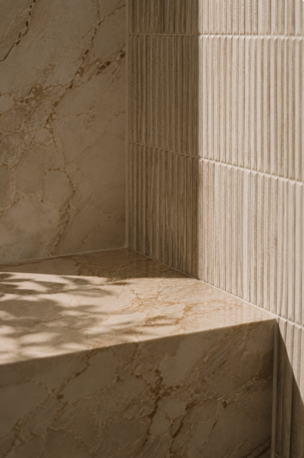 Close-up of tiled corner with marble and textured beige tiles, with shadows cast on the surface.
