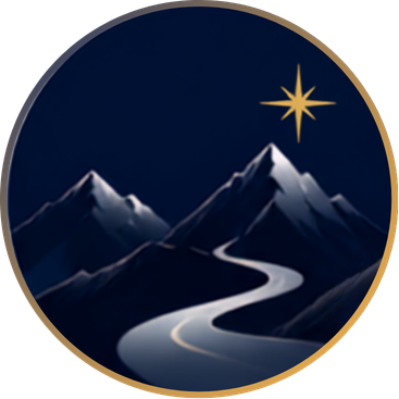 Night scene of snowy mountains, a winding road, and a bright star in the sky.