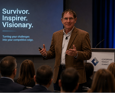 A man in a brown blazer speaking at a conference with a slide behind him reading 'Survivor. Inspirer. Visionary.' and 'Turning your challenges into your competitive edge.'