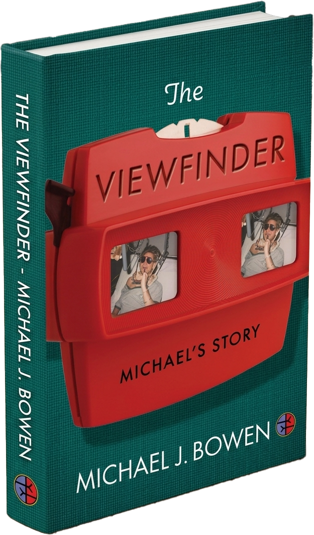 Book cover titled "The Viewfinder" by Michael J. Bowen, featuring a red viewfinder device with two photos of a woman wearing sunglasses and holding a phone
